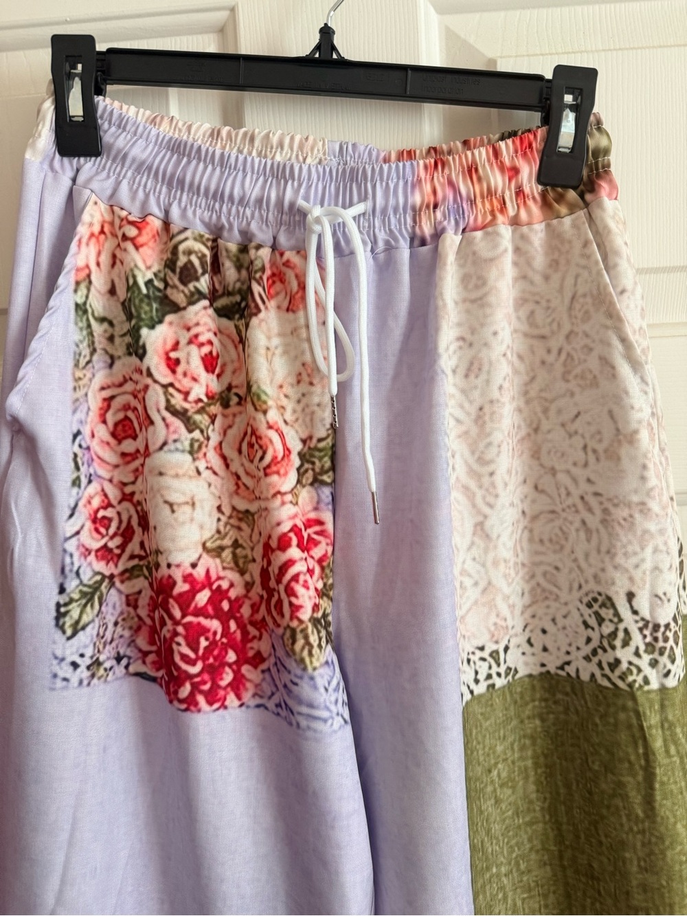 Patchwork Floral Wide-Leg Pants Slacks Lavender & Olive - Picture 2 of 8